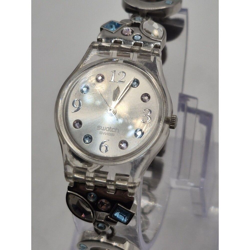 Swatch Menthol Tone Watch Ladies' 25mm Silver Dial Clear Case New Batt. 6.5"